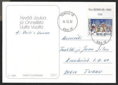Postilähetys - Joulu 1992 1,80 (LAPE 1190) Turku 16.12.92
