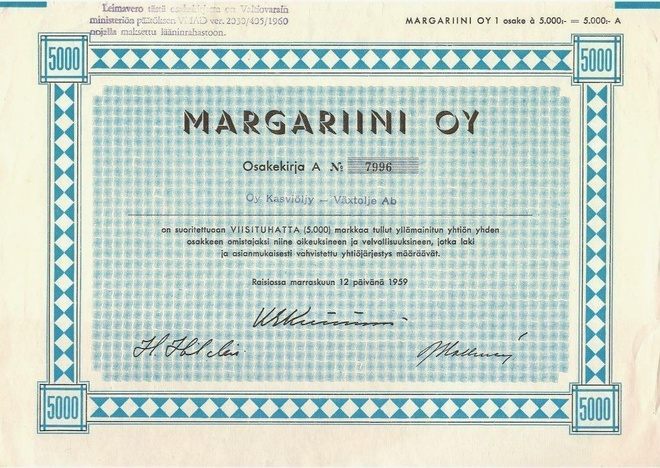 OKK 1959 Margariini Oy, Raisio pörssi osakekirja