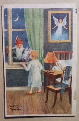 Jenny Nyström: Tonttu tuo tytölle lahjan ikkunasta, p. 1936