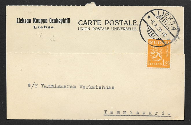 Postil. - Yl.m. 1,25 1930 (LAPE 177) Lieksa 9.10.1934