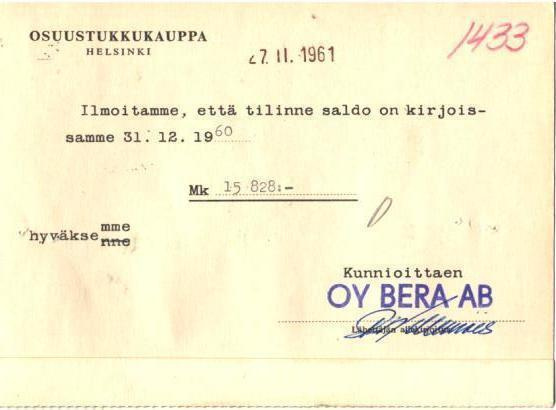 FIRMAKORTTI BERA OY  HELSINGIN -PITÄJÄ