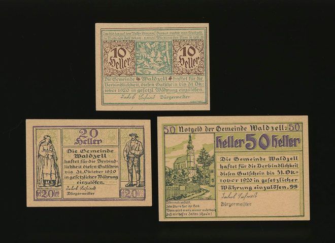 Itävalta Notgeld 10, 20, 50 Heller, Waldzell 1920
