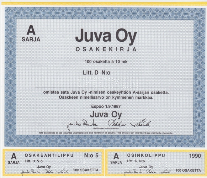 OKK 1987 Juva Oy spec, Espoo pörssi osakekirja