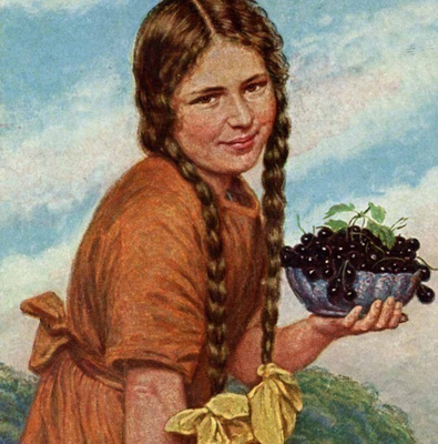 NAINEN / Palmikkohiuksinen tyttö ja kirsikkakulho. 1920-l.