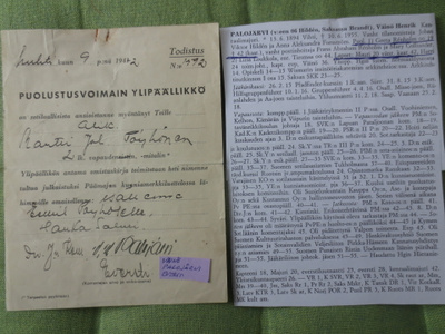 Vapauden Mitalin Myöntötodistus v.1942 Allek.Jääk.Eversti