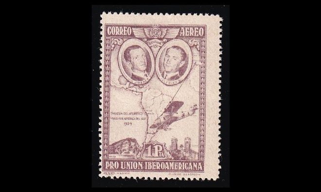Espanja 560b ** Iberoamerikka lentoposti 1 Pta lilanruskea (