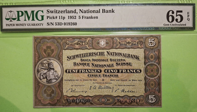 Sveitsi: Switzerland 5 Franken 1952, PMG 65  EPQ