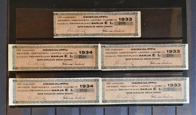 OSINKOLIPPU 5 kpl 1933-34 Savo-Karjalan Osake-Pankki