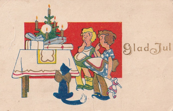 Lapset, lahjat pöydällä, kissa , Glad Jul  ,   b598