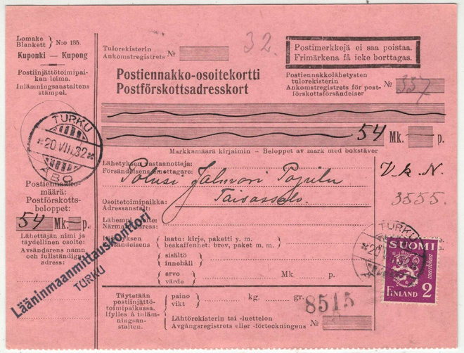M30 1932 2mk violetti postiennakkovapaakirje