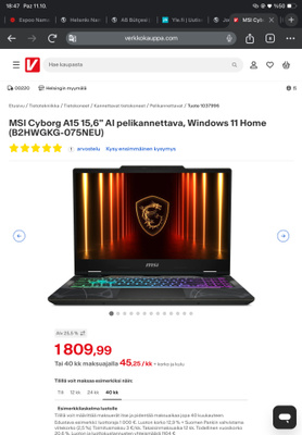 MSI Cyborg A15 15,6" AI pelikannettava, Windows 11 Home