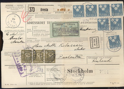 1945 4mk oliivi 3-rivilö ruotsalaisen paketin tullaus