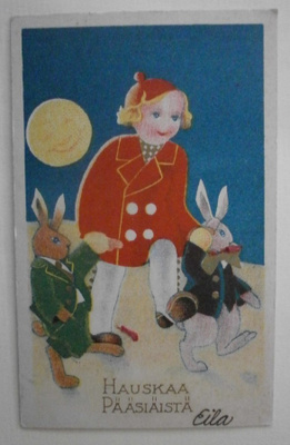 Leidi taluttaa kahta herrapupua, Pääsiäispk, pikkupk,p. 1939