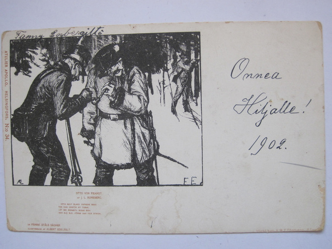 VANHA Postikortti Suomen Sota Edelfelt 1902 KOMEA Tausta