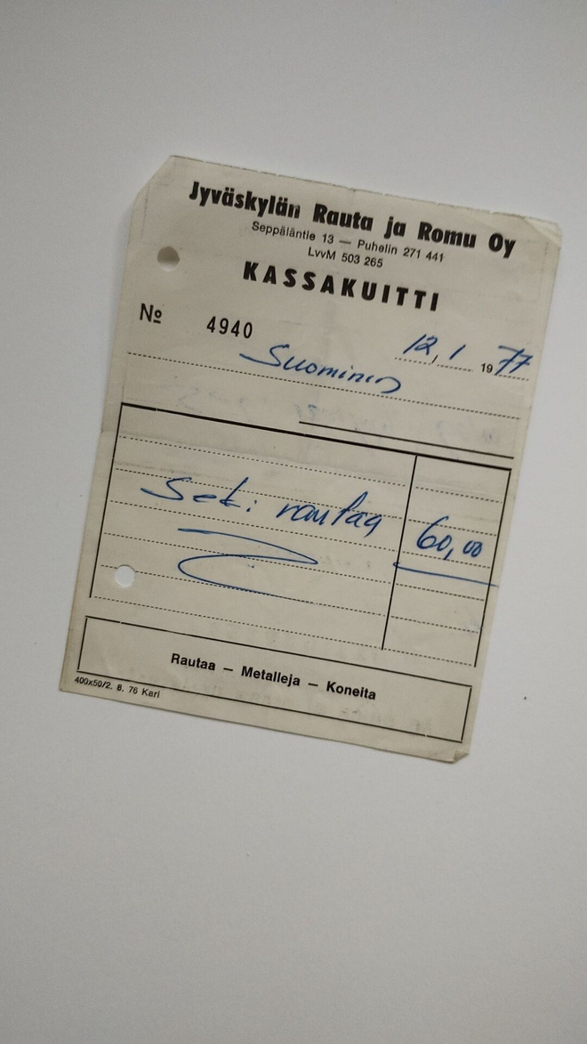 Jyväskylän Rauta ja Romu Oy - Kuitti V.1977