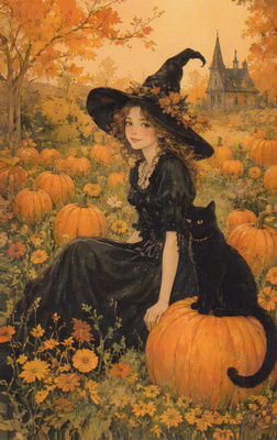 Halloween noita ja kissa kurpitsapellolla