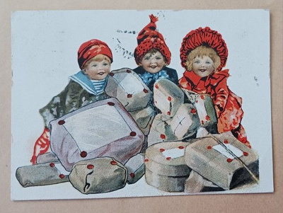 Lapset ja iso läjä joulupaketteja, p. 1914