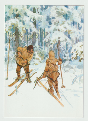 Timo Kästämä : Metsästäjät lumisessa metsässä (R)