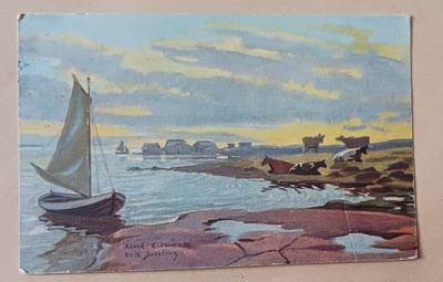 Erik Juselius; Eckerö, vene rannassa, lehmiä, p. 1947