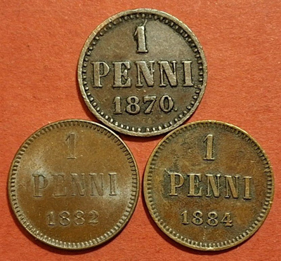3 kpl 1 penni: Harvinaiset 1870 ja 1882 ja 1884. (KD19)