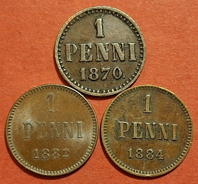 3 kpl 1 penni: Harvinaiset 1870 ja 1882 ja 1884. (KD19)