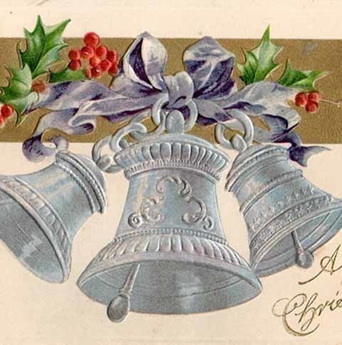 ANTIIKKIKORTTI / Hopeiset kellot ja mistelin oksia. 1900-l.