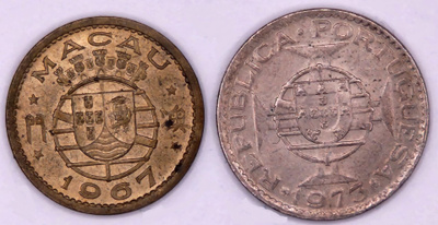 Macao 10 avos ja 50 avos kolikot 1967/1973