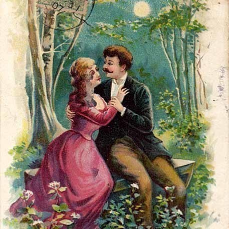 ANTIIKKIKORTTI / Rakastunut pari kuutamossa. 1900-l.