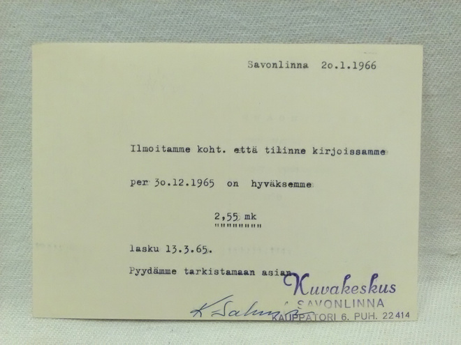Perintäpostikortti v.1966 firmalomake