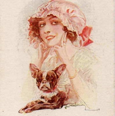 NAINEN / Röyhelöhattuinen tyttö ja bostonterrieri. 1910-l.