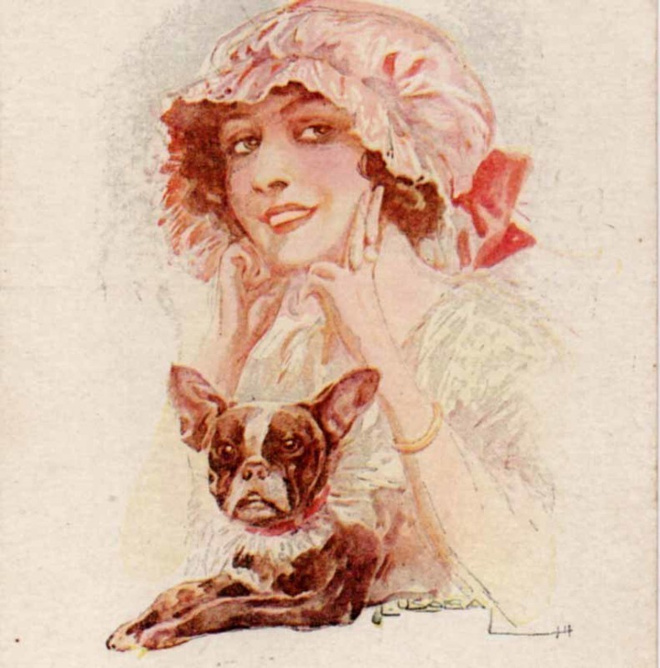 NAINEN / Röyhelöhattuinen tyttö ja bostonterrieri. 1910-l.