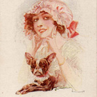 NAINEN / Röyhelöhattuinen tyttö ja bostonterrieri. 1910-l. - pikkukuva 1