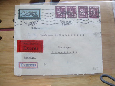 Pika-Ilmaposti kuori Helsingistä Tukholmaan 1937