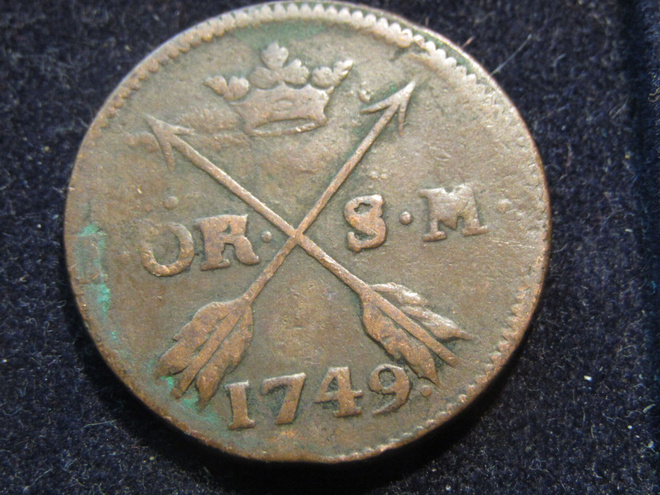 1 öre 1749. Frederik I. Ruotsi-Sweden