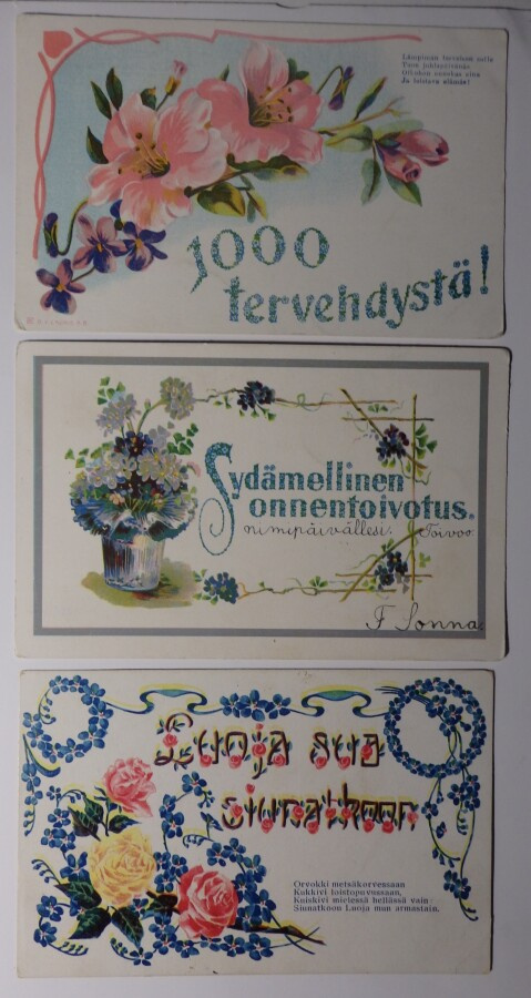 3 kpl Onnittelukortteja 1910-lukua