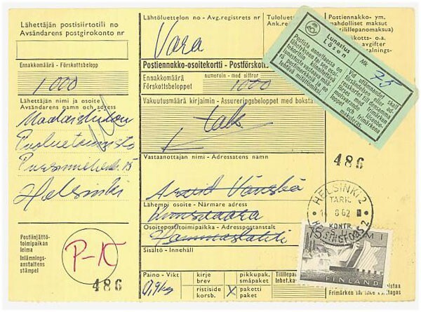 m54 1959 75 (mk) Pyhäkoski postiennakkopaketin palautus