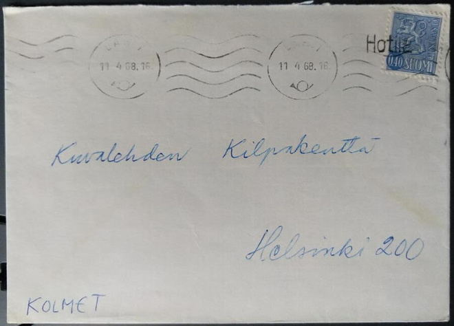 Pp-leima HOTILA / Hartola kirjeellä 1968