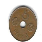 1941 5 PENNIÄ KOLIKKO KÄYTETTY REIKÄ KESKELLÄ - pikkukuva 1