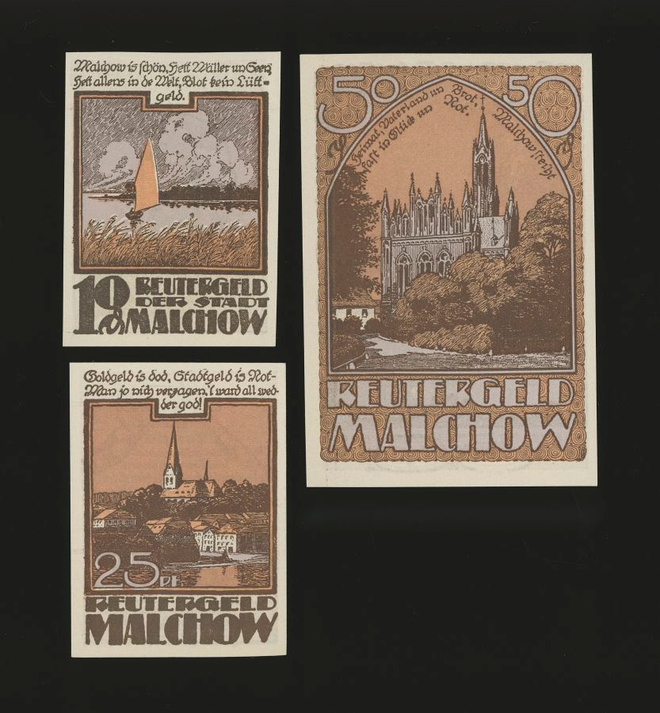 Saksa Notgeld 10, 25, 50 Pfg, Malchow 1922