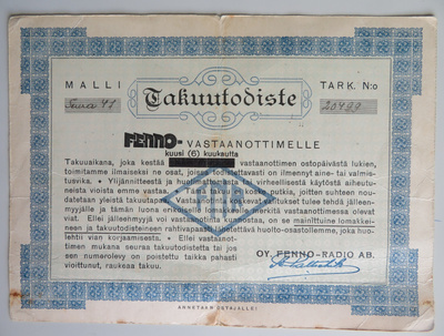 FENNO SEURA 47 - vastaanotin takuutodistus v. 1947