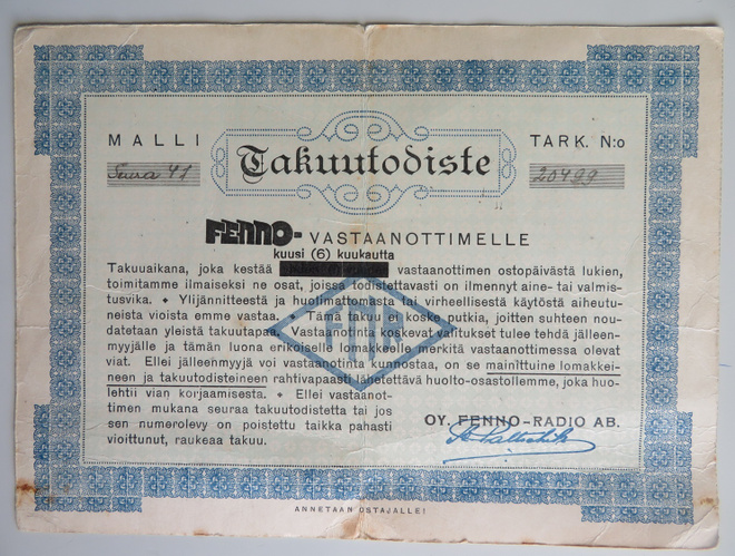 FENNO SEURA 47 - vastaanotin  takuutodistus v. 1947