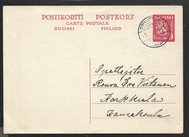 Postilähetys - Ehiö 9mk (LAPE 97) Orimattila 5.4.1950