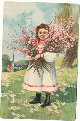 Tytöllä  kukkia sylissä -vanha Carte Postale