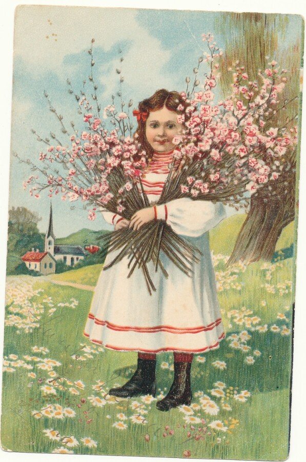 Tytöllä  kukkia sylissä -vanha Carte Postale