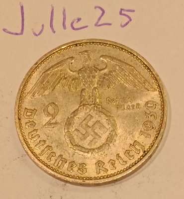 2 Reichsmark 1939 J natsisaksa hopeaa