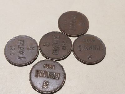 5 penniä Cu 1915 5 kpl