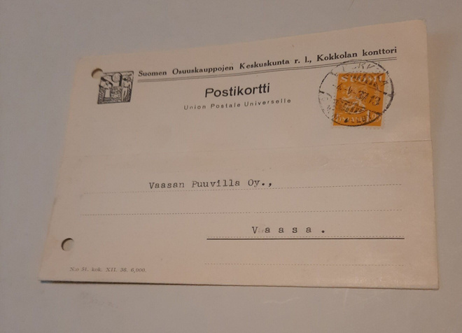 Firmakortti Kokkolan konttori SOK, 1937