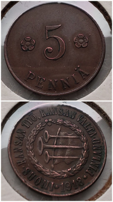 5 PENNIÄ 1918 Kansanvaltuuskunta ns."PUNAINEN RAHA"