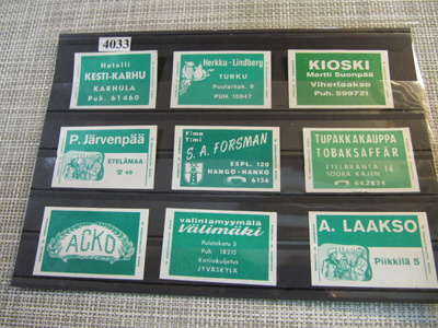 Tulitikkuetikettejä 9 kpl. Mm. Hotelli Kesti-Karhu Karhula.