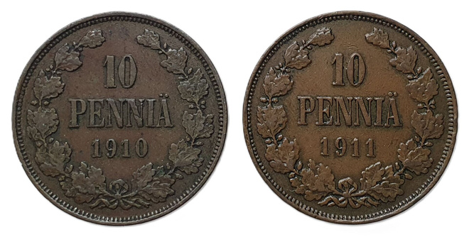 2x 10 penniä 1910 & 1911